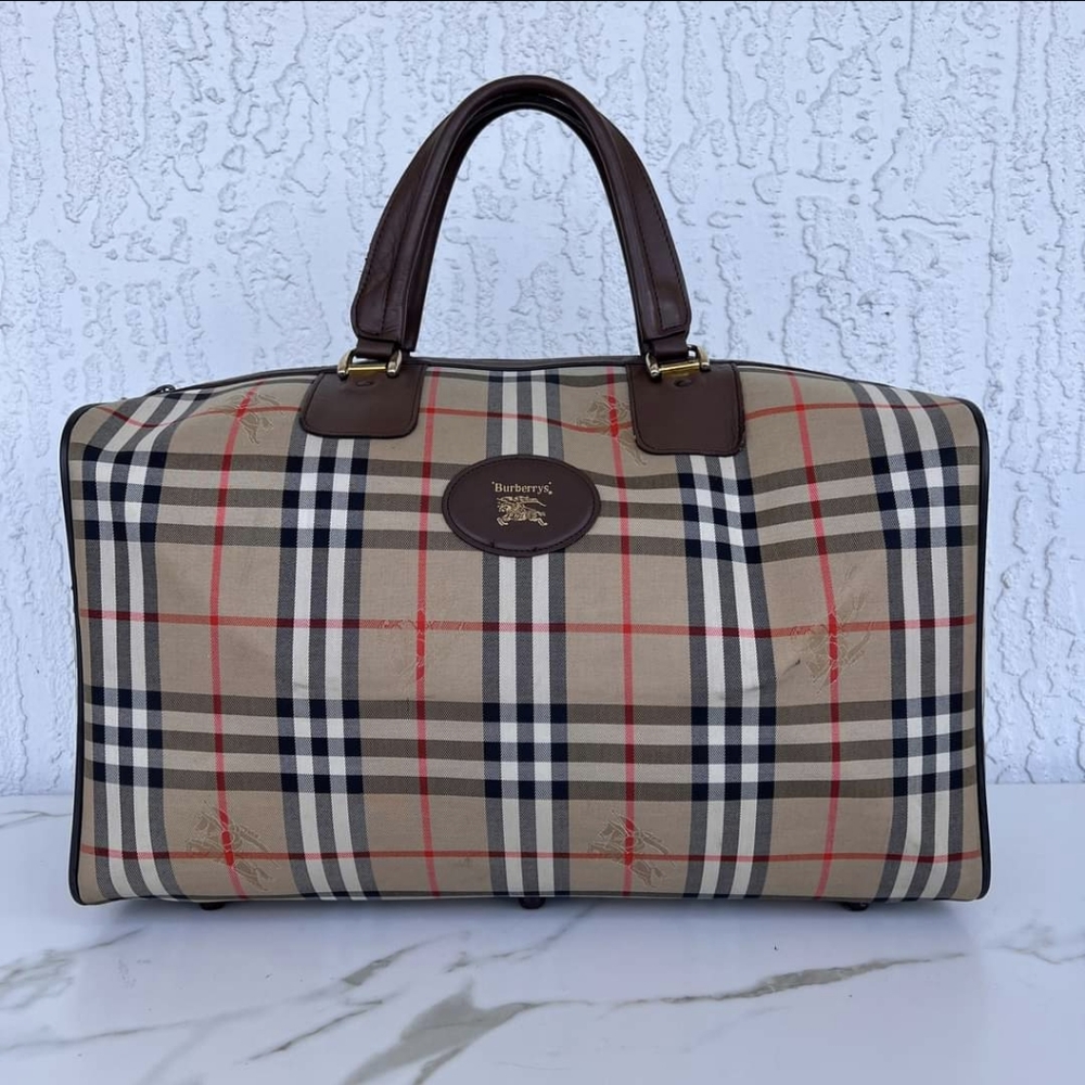 Burberry Beige and Brown Checkered Travel Bag
